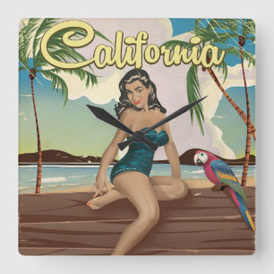 California Model retro travel poster Square Wall Clock