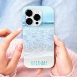 California Ocean Beach Waves Photo Monogram Name iPhone 16 Pro Case<br><div class="desc">Relax as you remember watching the waves go in and out. Breathe, explore, and enjoy the solitude of an empty California beach with this stunning, pastel blue and white ocean froth photography personalised name cell phone case. Makes a great gift for someone special! Just type in the name of your...</div>
