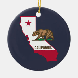 California Outline and Flag Ceramic Ornament