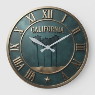 California Palm Trees Teal Vintage Gold Large Clock