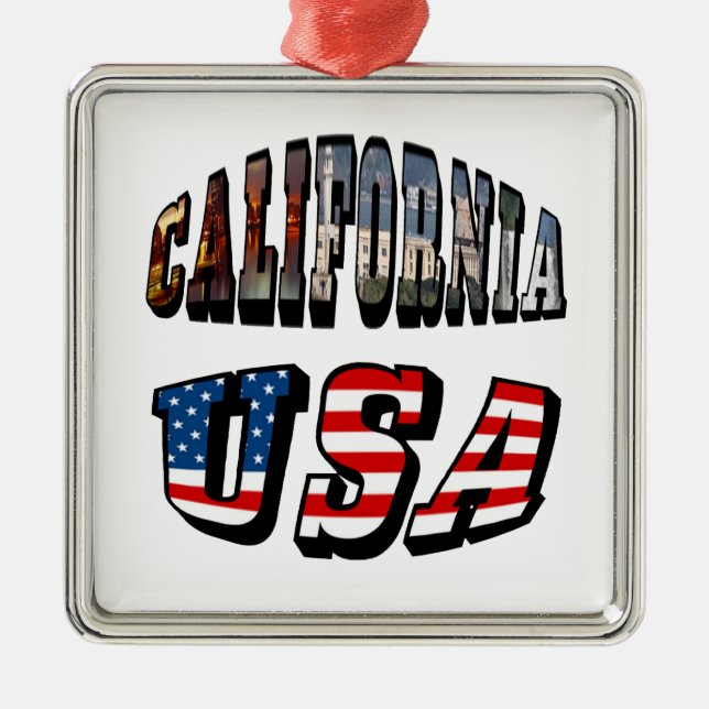 California Picture and USA Flag Text Metal Ornament (Front)