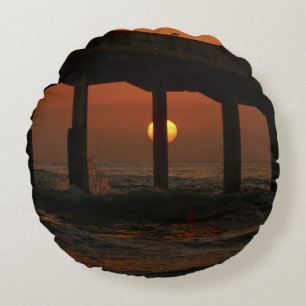 California Pier Ocean Beach Sunset Round Cushion