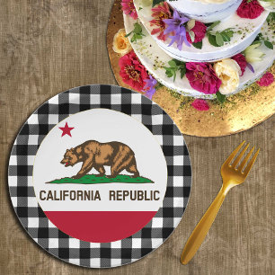 California Plate, buffalo plaid & Californian Flag Paper Plate