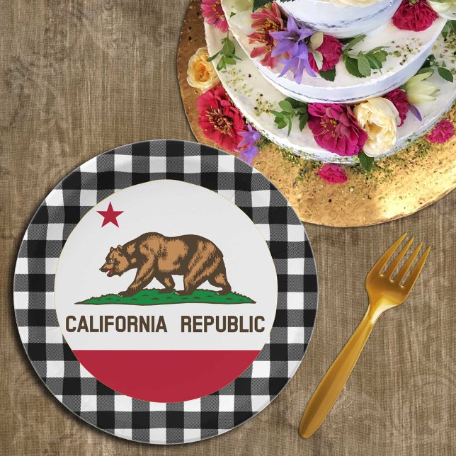 California Plate, buffalo plaid & Californian Flag Paper Plate (Creator Uploaded)