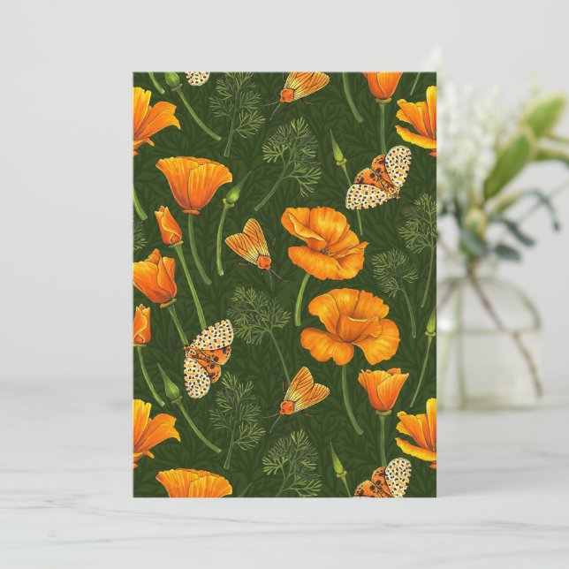California poppies and moths on dark green (Standing Front)