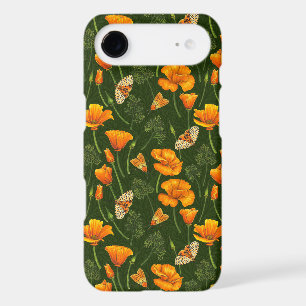 California poppies and moths on dark green