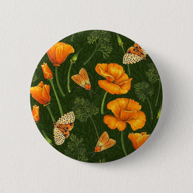 California poppies and moths on dark green 6 cm round badge (Front)