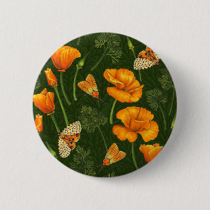 California poppies and moths on dark green 6 cm round badge