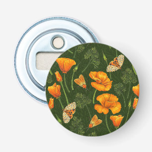 California poppies and moths on dark green bottle opener
