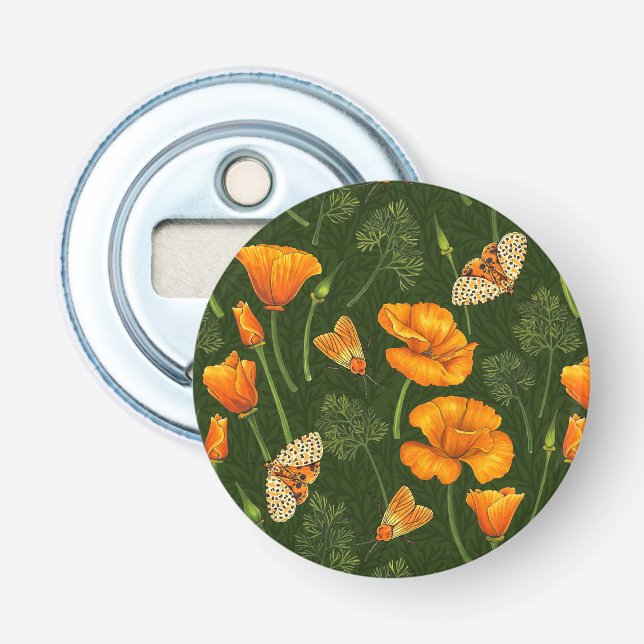 California poppies and moths on dark green bottle opener (Front)