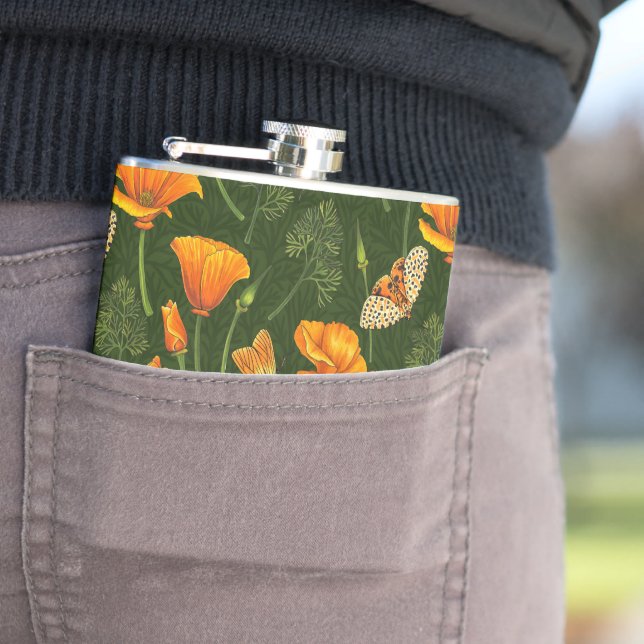 California poppies and moths on dark green hip flask (In Situ)