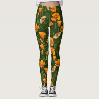 California poppies and moths on dark green