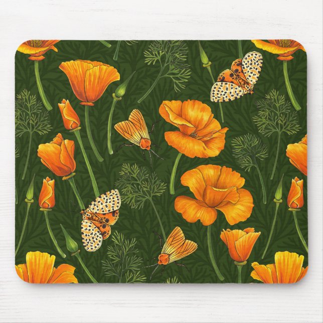 California poppies and moths on dark green mouse pad (Front)