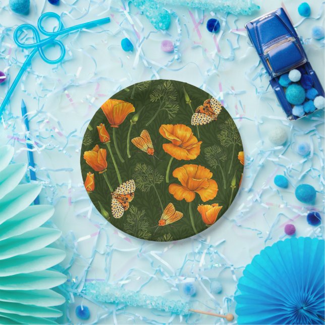 California poppies and moths on dark green paper plate (Party)