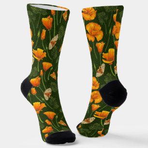 California poppies and moths on dark green socks
