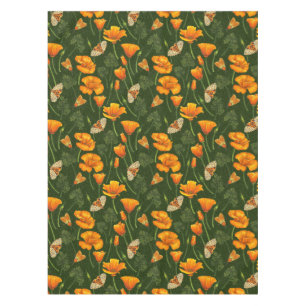 California poppies and moths on dark green tablecloth