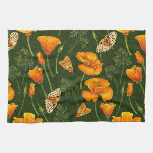 California poppies and moths on dark green tea towel