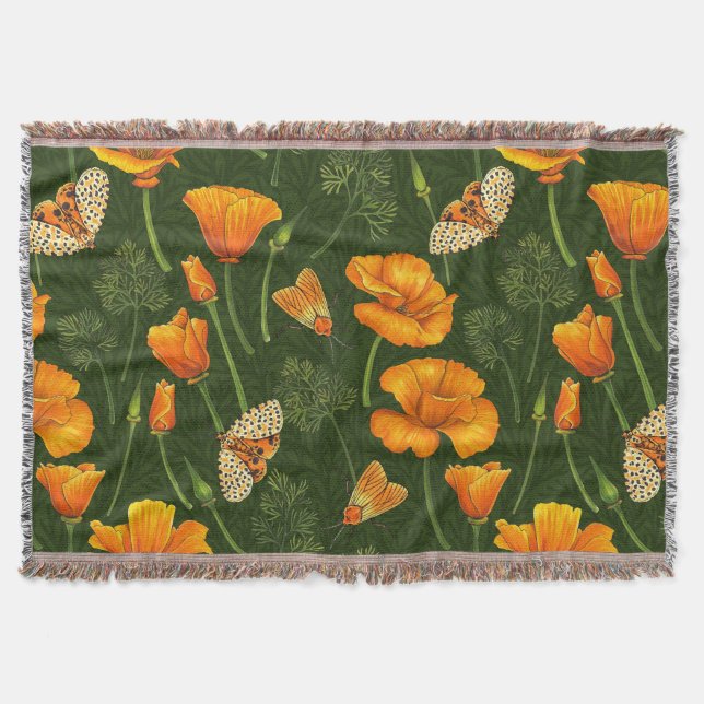 California poppies and moths on dark green throw blanket (Front)