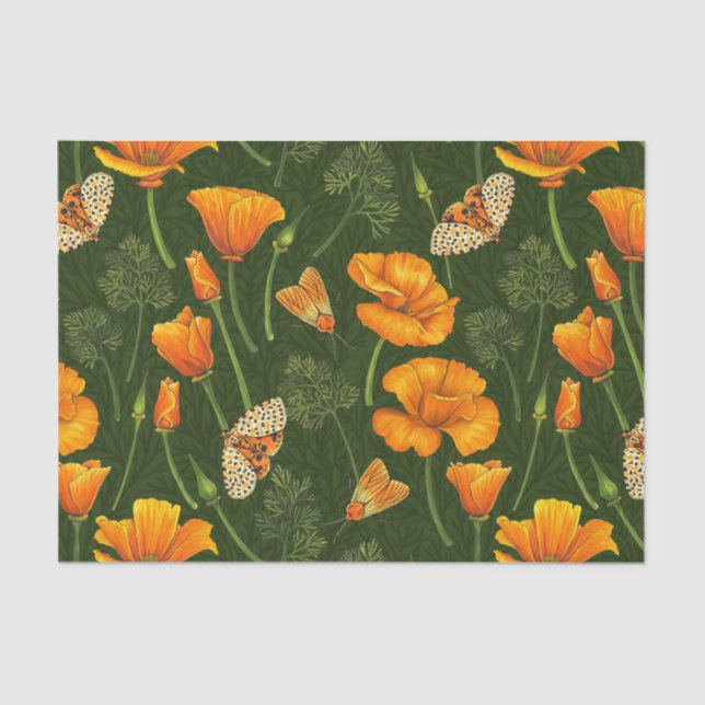 California poppies and moths on dark green tissue paper (Front)