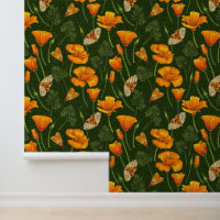 California poppies and moths on dark green