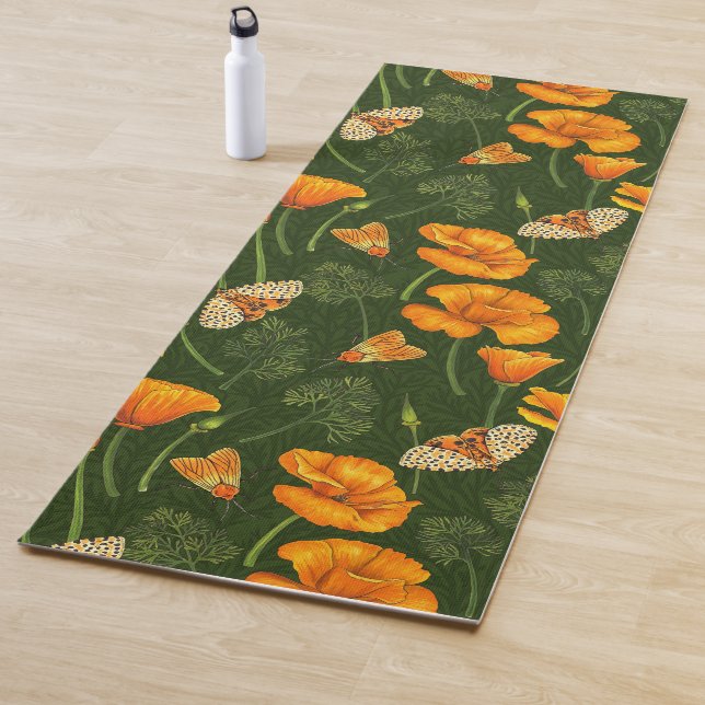 California poppies and moths on dark green yoga mat (In Situ)
