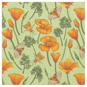 California poppies and moths on honey dew fabric