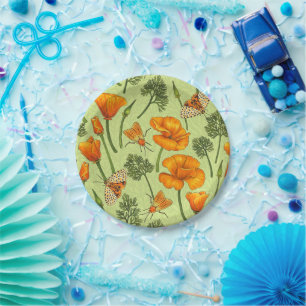 California poppies and moths on honey dew paper plate