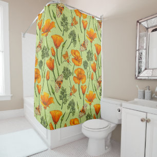 California poppies and moths on honey dew shower curtain
