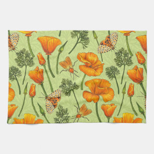 California poppies and moths on honey dew tea towel