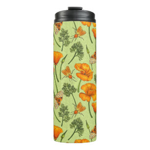California poppies and moths on honey dew thermal tumbler