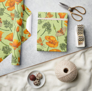 California poppies and moths on honey dew wrapping paper