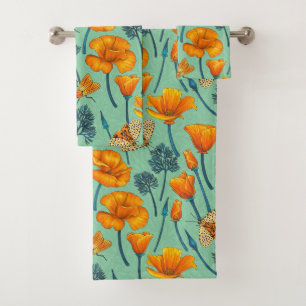 California poppies and moths on jade bath towel set