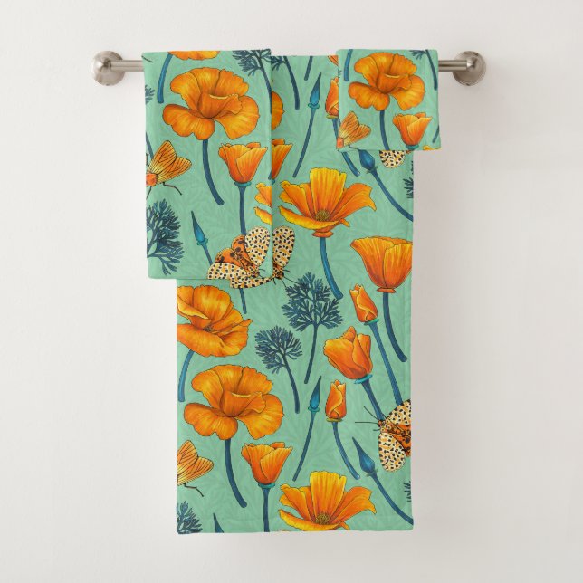 California poppies and moths on jade bath towel set (Insitu)