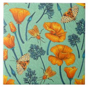 California poppies and moths on jade ceramic tile