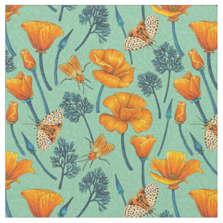 California poppies and moths on jade fabric