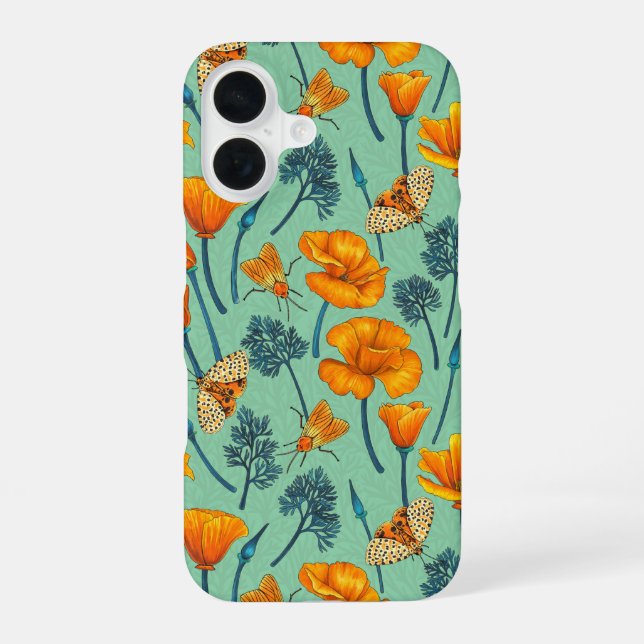 California poppies and moths on jade iPhone 16 case (Back)