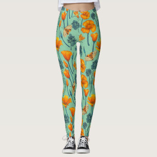 California poppies and moths on jade leggings