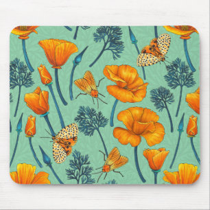California poppies and moths on jade mouse pad