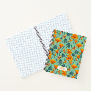 California poppies and moths on jade notebook