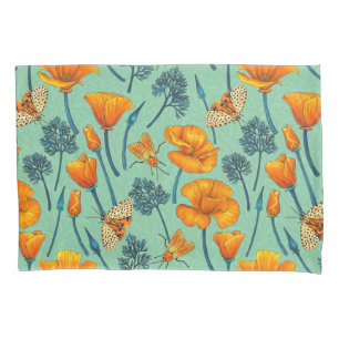 California poppies and moths on jade pillowcase