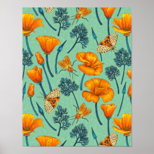 California poppies and moths on jade poster