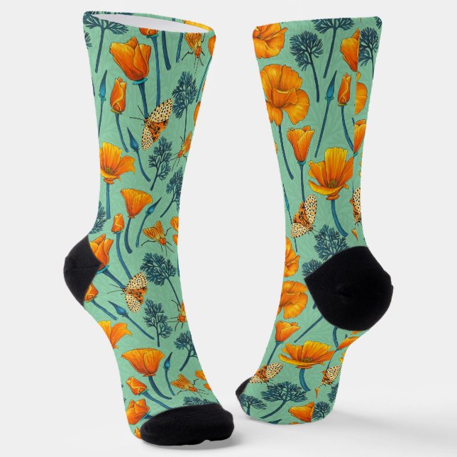 California poppies and moths on jade socks (Angled)