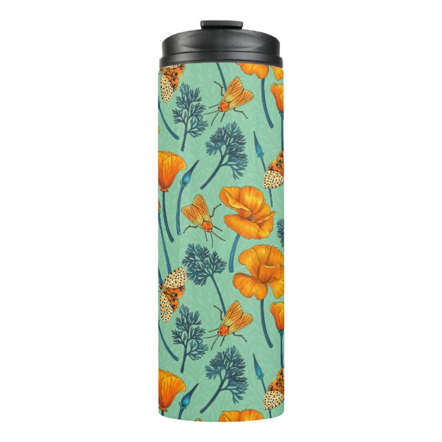 California poppies and moths on jade thermal tumbler (Front)