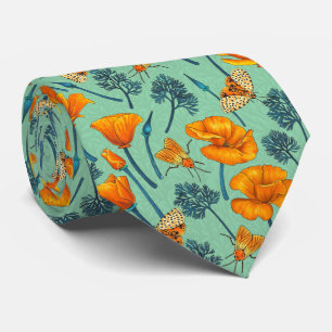 California poppies and moths on jade tie