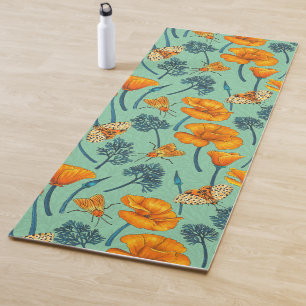California poppies and moths on jade yoga mat
