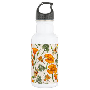 California poppies and moths on off white 2 532 ml water bottle