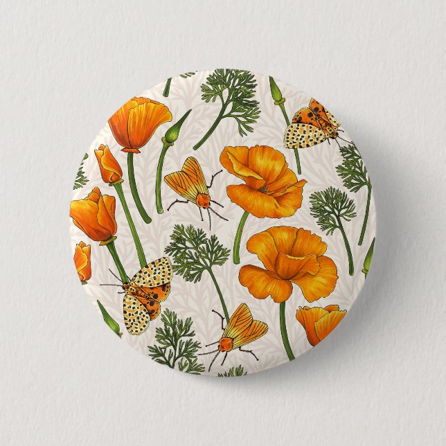 California poppies and moths on off white 2 6 cm round badge (Front)