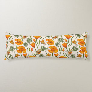 California poppies and moths on off white 2 body cushion