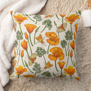 California poppies and moths on off white 2 cushion