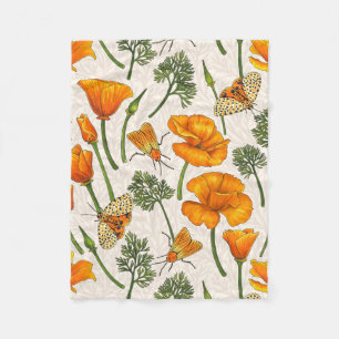 California poppies and moths on off white 2 fleece blanket